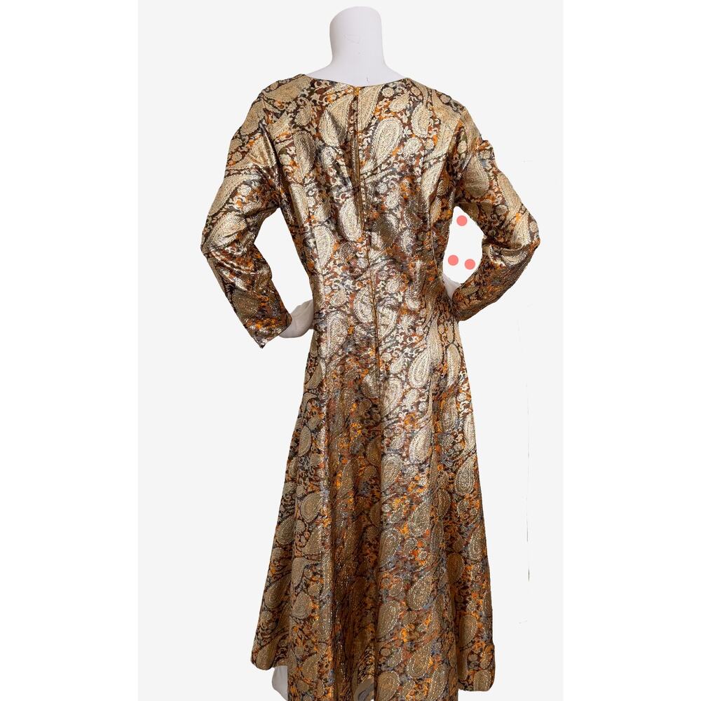 Vintage 60's 70's Metallic Brocade Paisley A-Line Hostess Maxi Dress - Picture 5 of 7